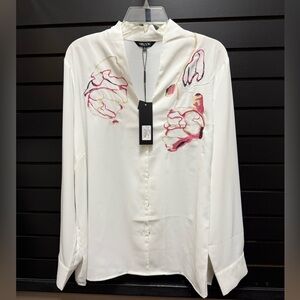 NWT Misook XL White Blouse Floral Embroidered Long Sleeve Button Front